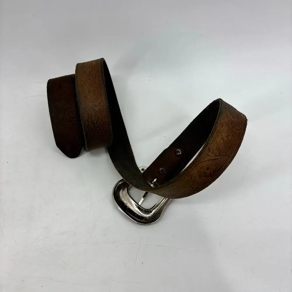 Western Mens Belt Size 34 Distressed Cowboy Brown Leather Silver Buckle